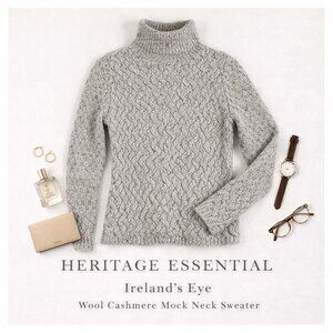 Luxury Irish Knit Sweater Wool Cashmere Pullover Gray Heather Mock Neck Womens S